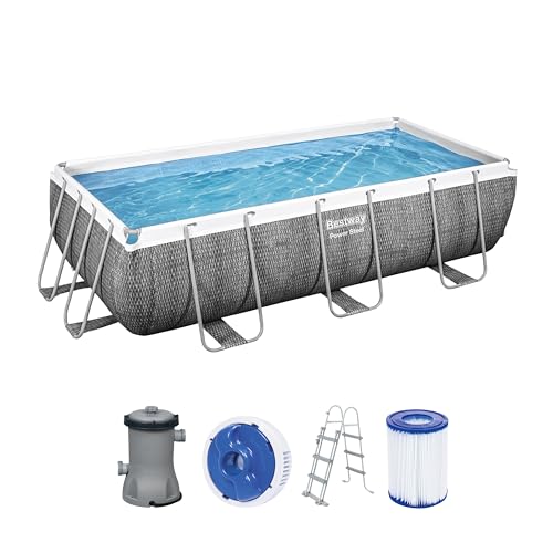 Bestway Power Steel Frame Pool-Set mit Filterpumpe 404 x 201 x 100 cm, Rattan-Optik (Schiefergrau), eckig